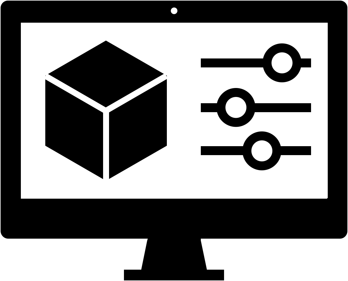 Black 3D cube icon on the left and three horizontal control sliders with circular knobs on the right, on a white background.
