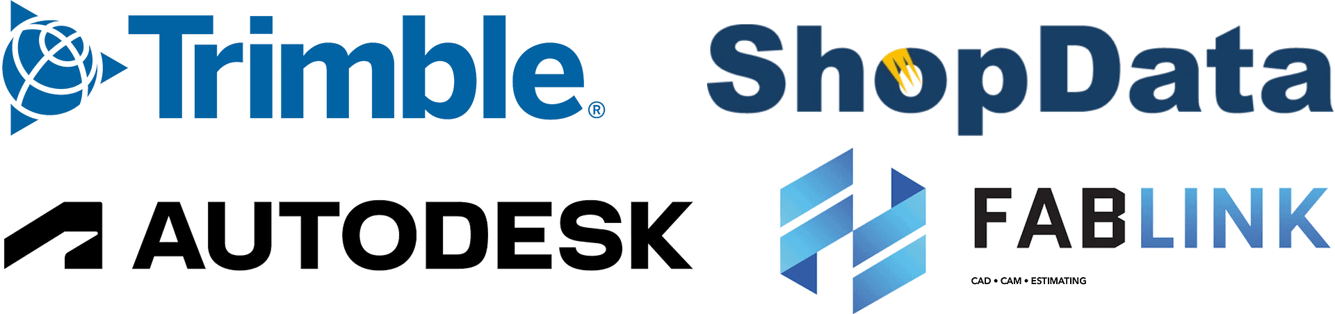 Collage of tech and design company logos: Trimble, ShopData, Autodesk, and FABLINK (horizontal layout).