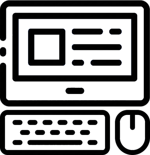 Icon of a desktop computer setup showing a monitor, keyboard, and mouse.