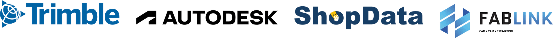 Collage of tech and design company logos: Trimble, ShopData, Autodesk, and FABLINK (horizontal layout).